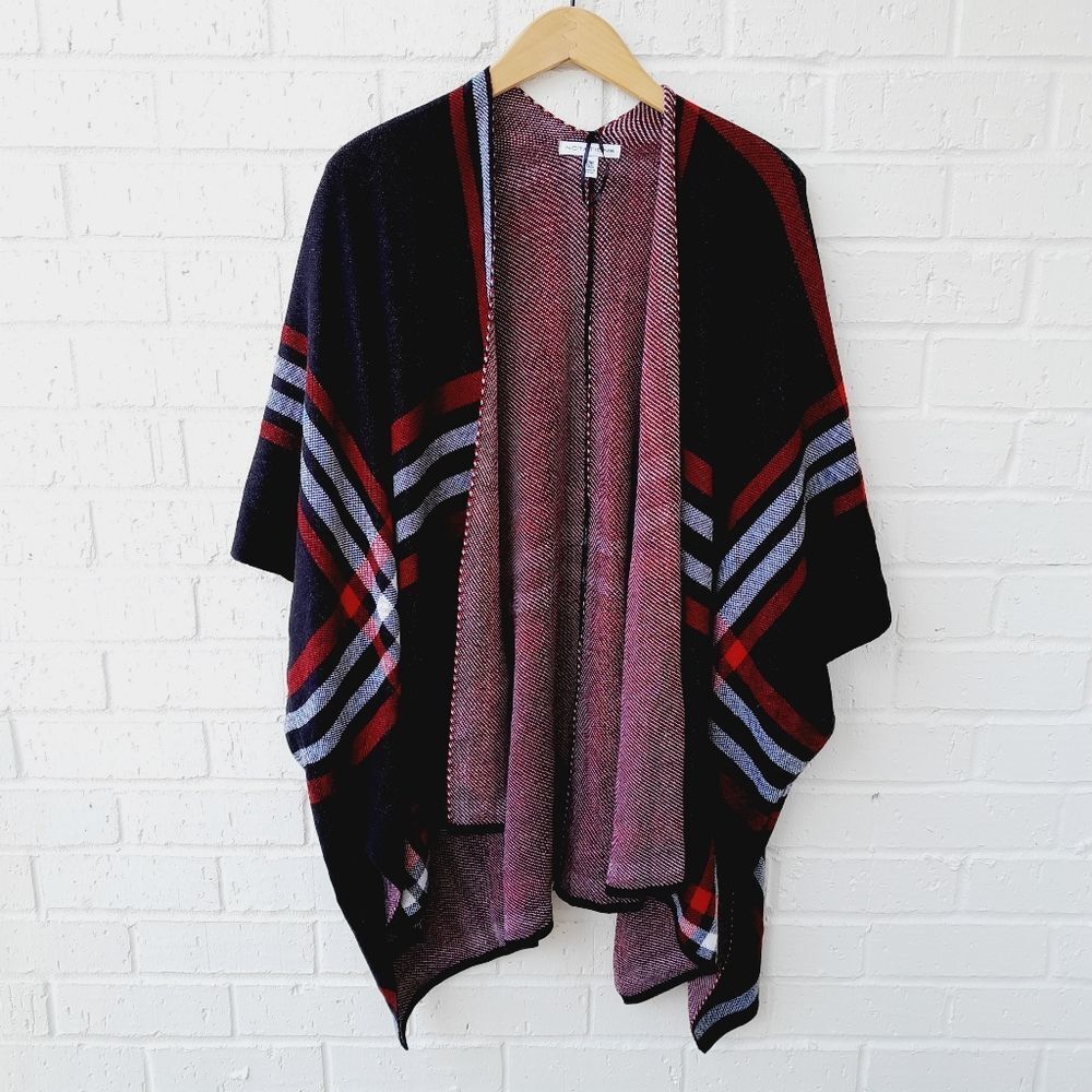 NOTATIONS Plaid Open Front Shawl Wrap Poncho Transitional sz: OS